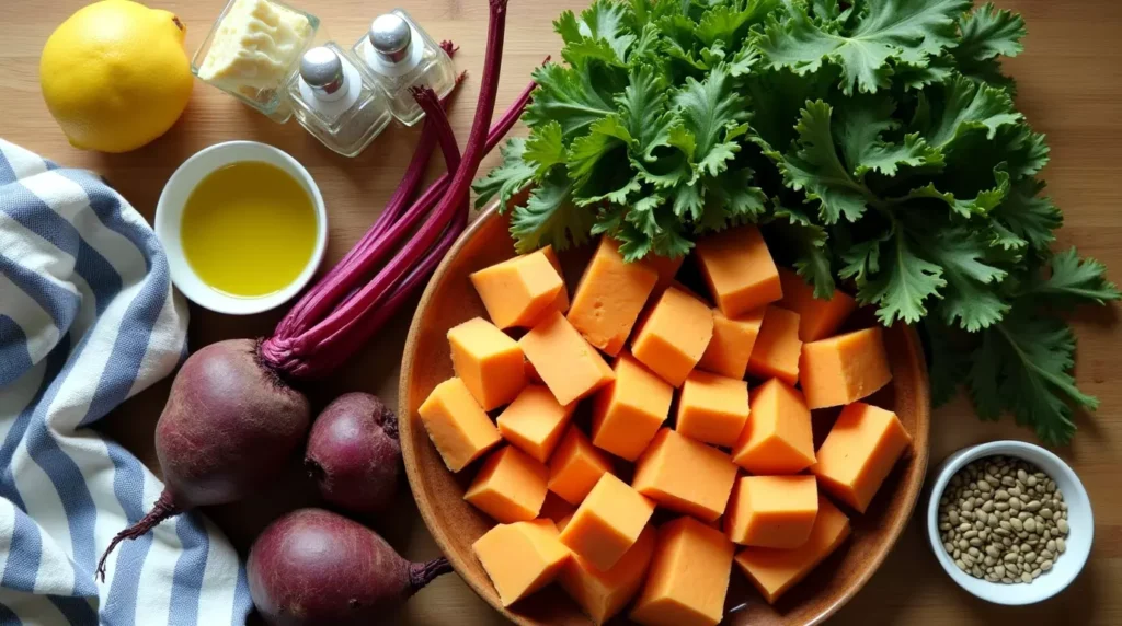 Raw sweet potatoes, beets, kale, olive oil, seeds, and lemon arranged on a wooden counter