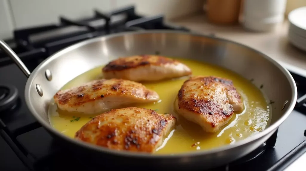 Chicken slices cooking in cowboy butter sauce inside a stainless steel pan