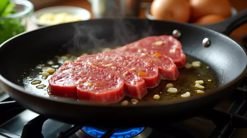 Steak slices searing in a skillet with butter and garlic, on a stovetop