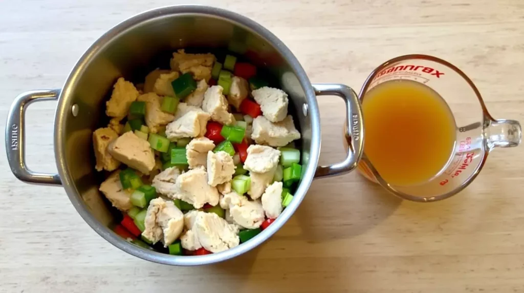 Cooked chicken and vegetables in a soup pot with bone broth in a glass measuring cup beside it
