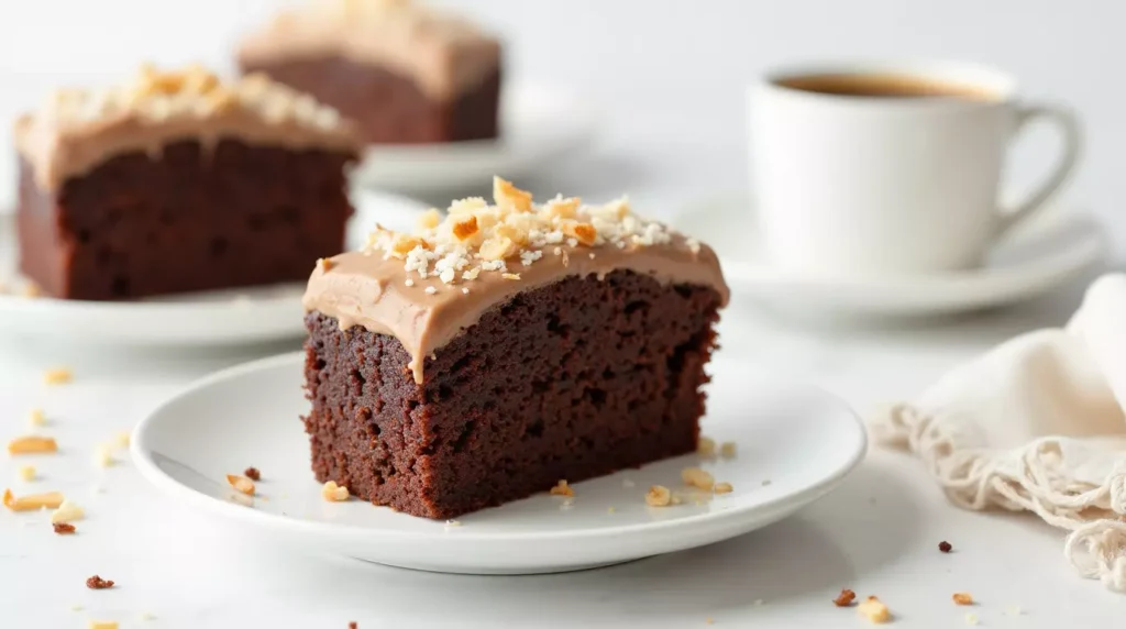 A slice of pound cake with coconut frosting and coffee