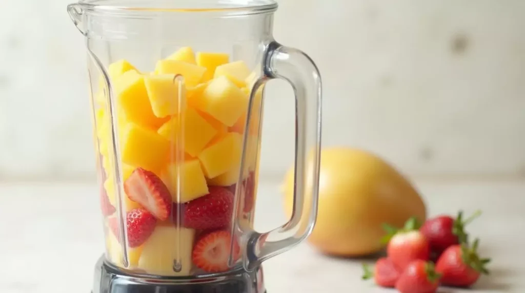 Mango, pineapple, and strawberries inside a blender before blending