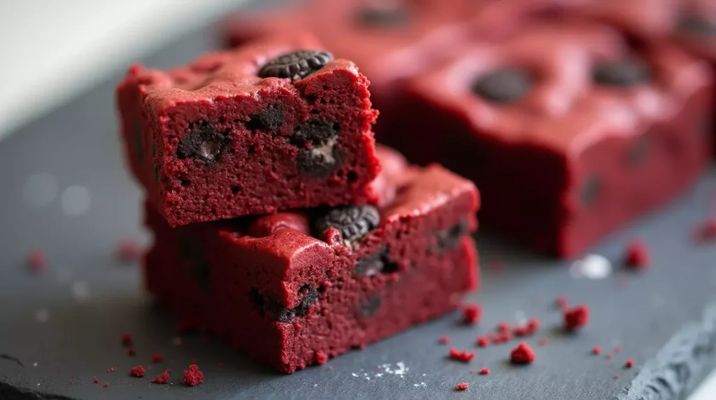 Three red velvet Oreo brownies stacked on a dessert plate