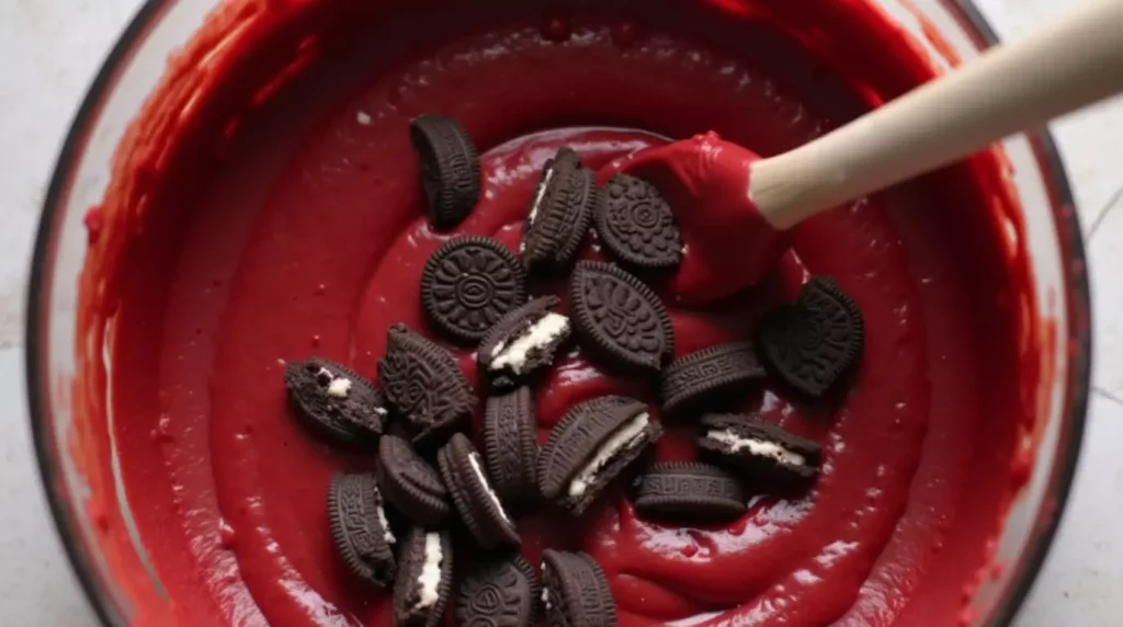 Brownie batter mixed with Oreo chunks in a bowl