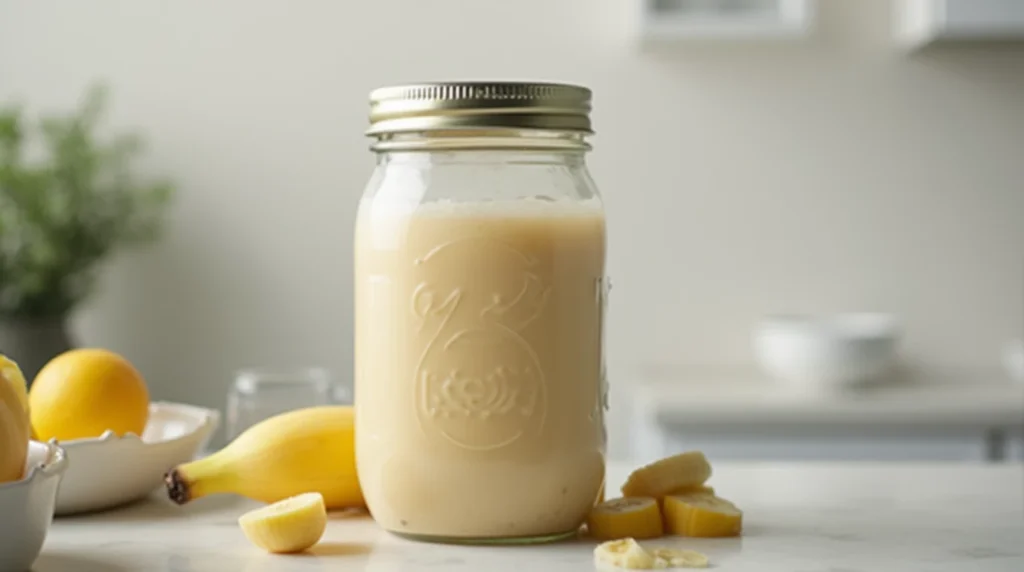 Banana shake in a labeled mason jar on a clean counter