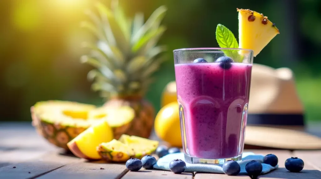 Blueberry pineapple smoothie on a sunny patio table