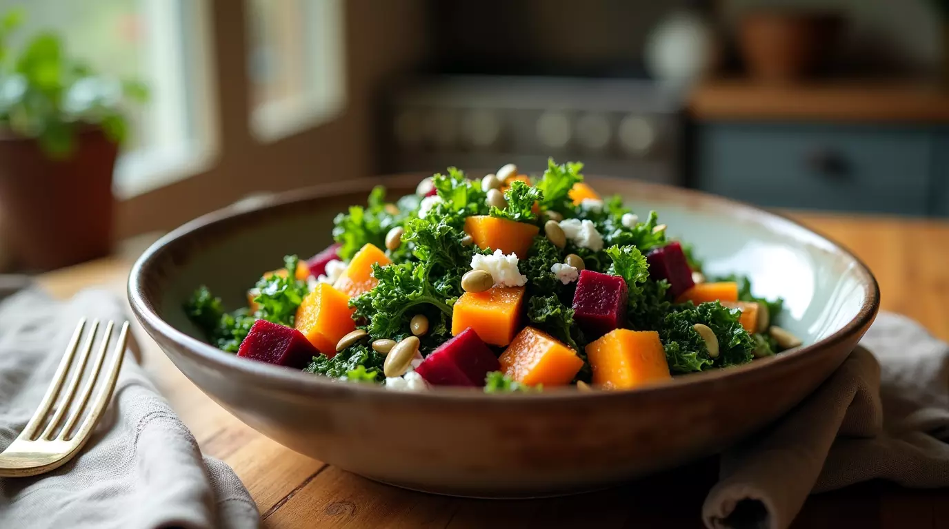 Vibrant sweet potato beet kale salad with roasted veggies and greens