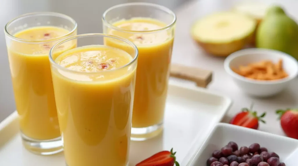 Multiple mango pineapple strawberry smoothies on a tray