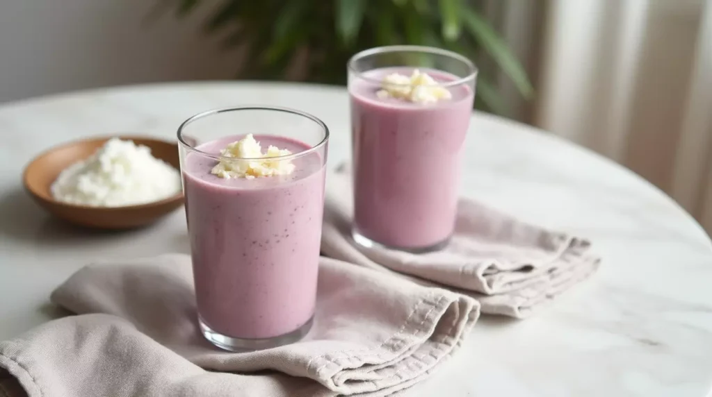 Taro smoothies on a light table with toppings and napkins