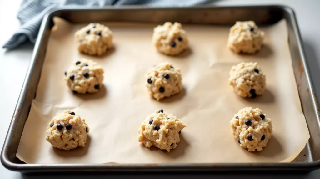 Unbaked rice krispie chocolate chip cookie dough balls on parchment-lined tray
