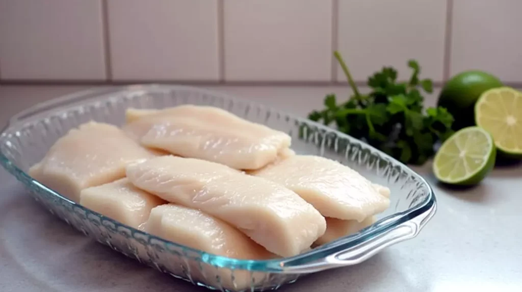 Raw cod and snapper fillets with lime and cilantro on a glass tray in a home kitchen