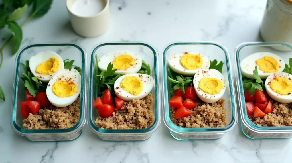Meal prep containers filled with high protein breakfast bowls with eggs, quinoa, and vegetables
