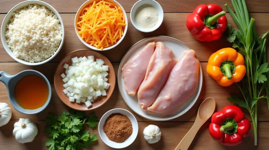 Raw chicken, rice, cheese, peppers, and spices laid out for cooking