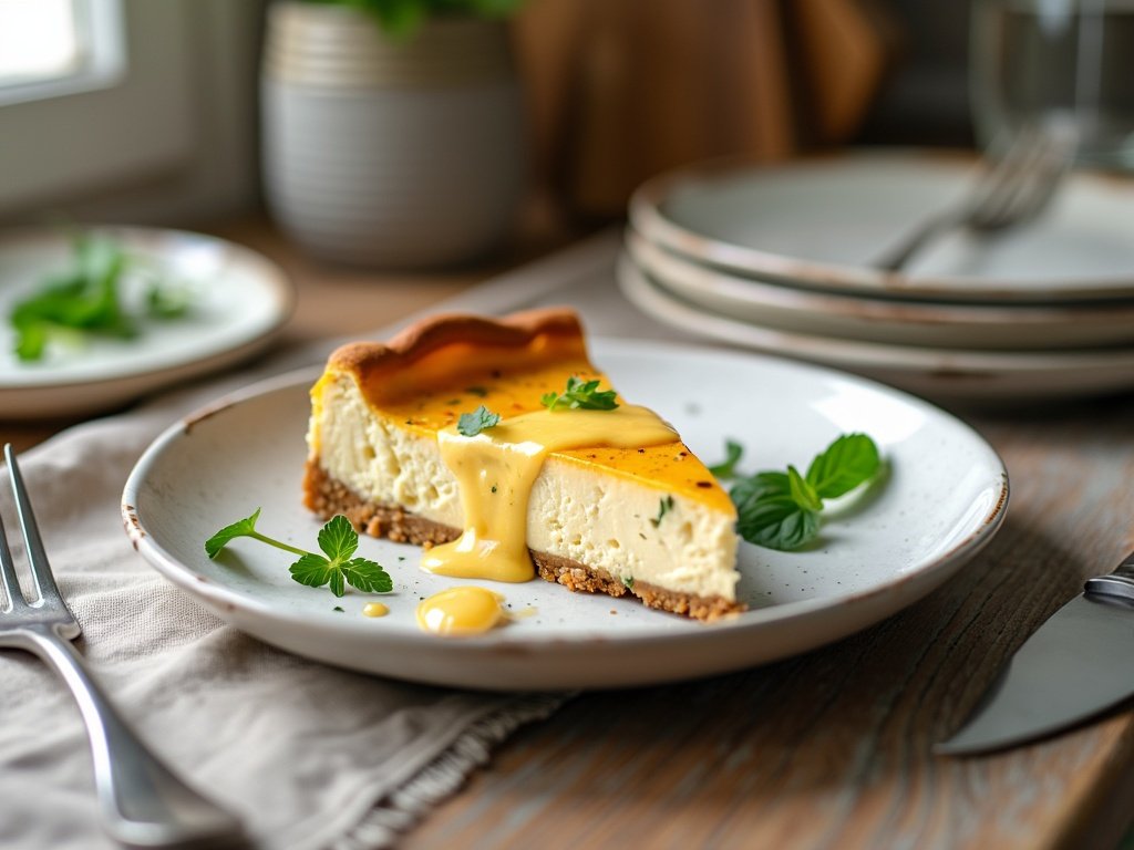 Slice of protein cheesecake served on a plate, topped with a spoonful of high-protein granola.