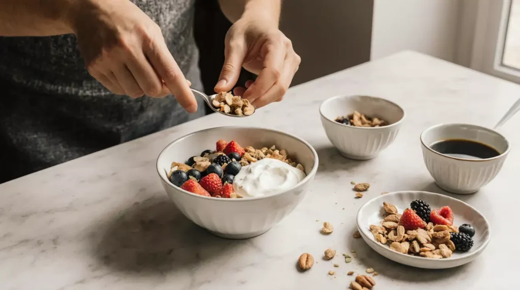 Preparing a high protein breakfast bowl on a kitchen counter