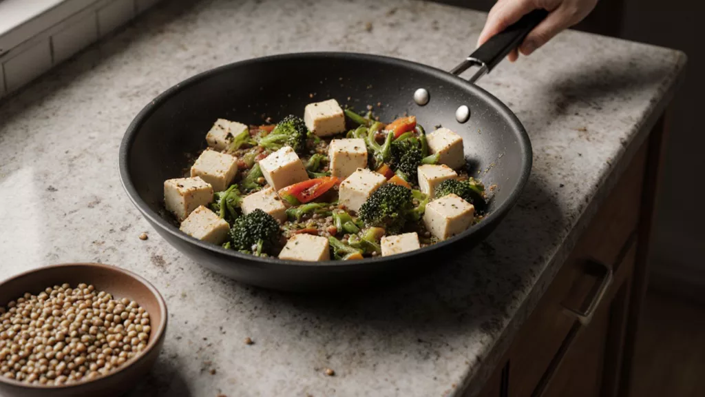 Tofu and vegetables cooking in a skillet with lentils nearby