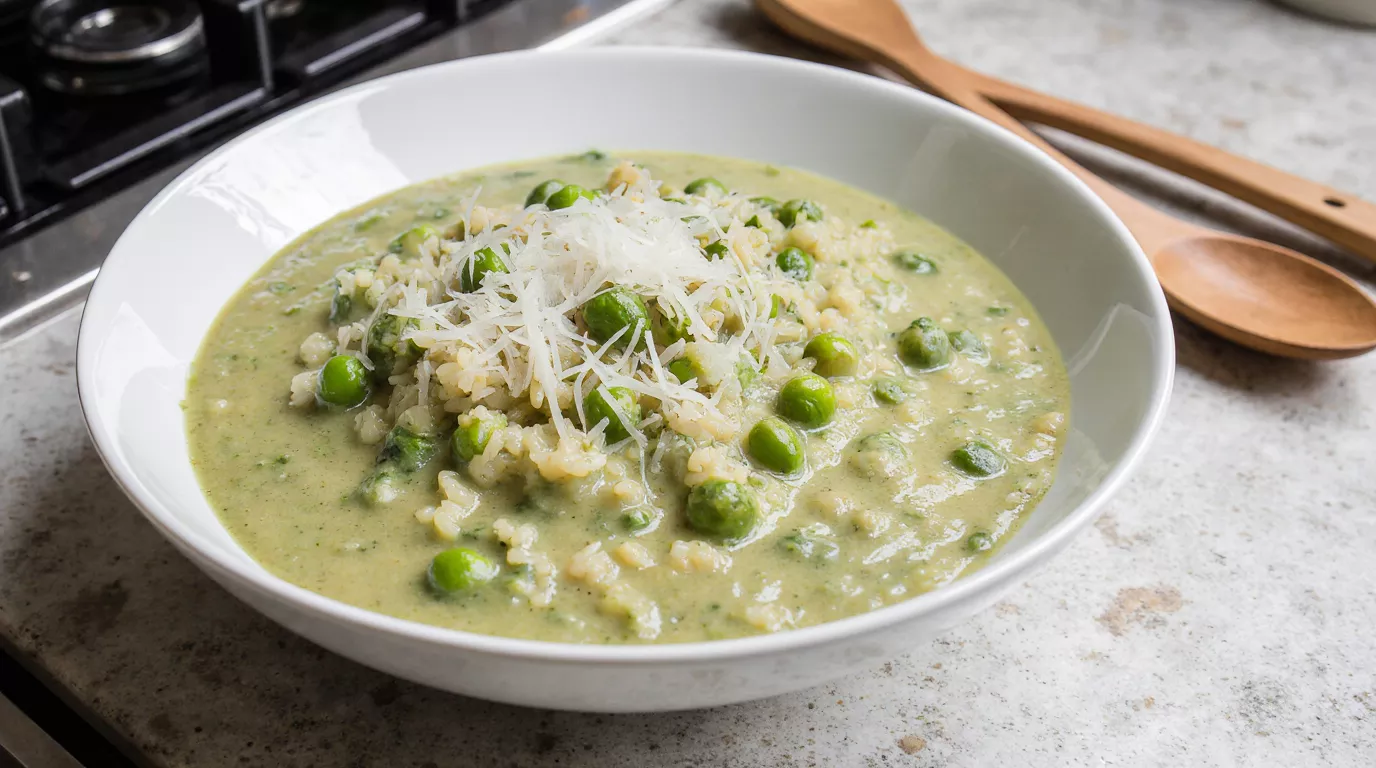 A bowl of creamy green pea risotto on an everyday kitchen counter in natural daylight.