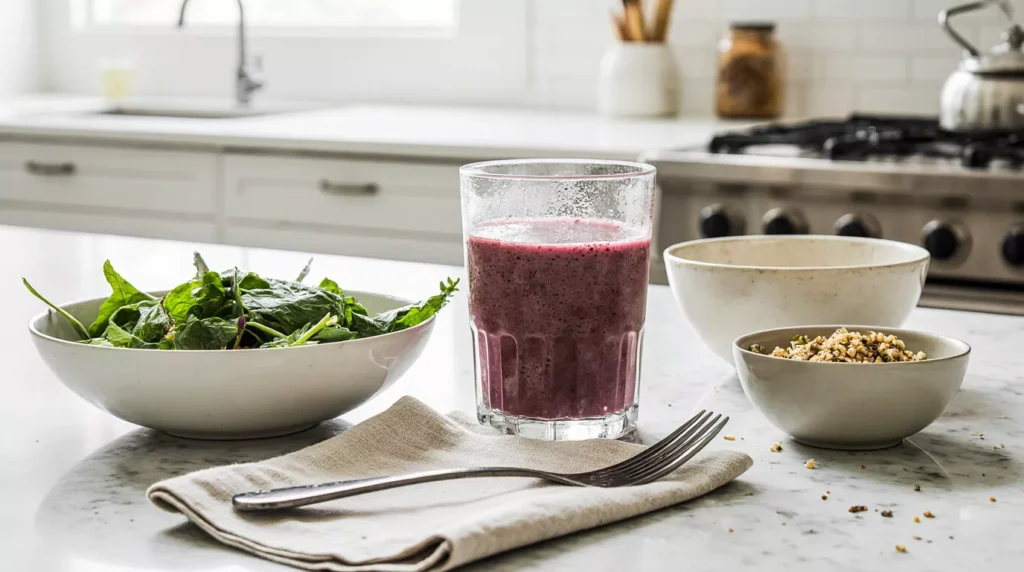 Vibrant detox smoothie next to simple meal prep bowls with greens and quinoa.