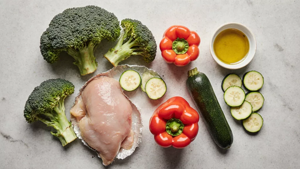 Chicken zucchini broccoli peppers and olive oil on a counter