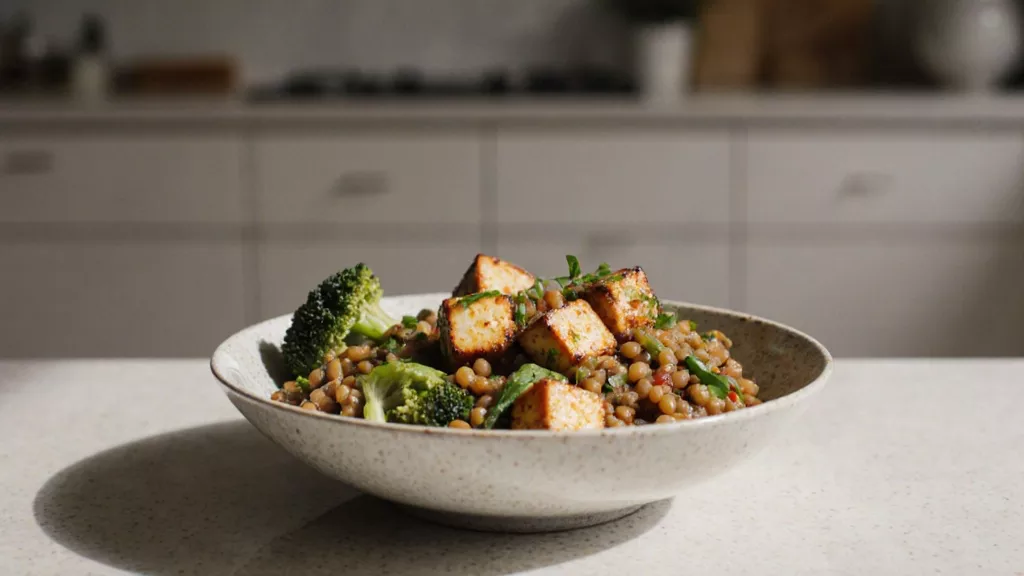 High protein vegan bowl on a kitchen table