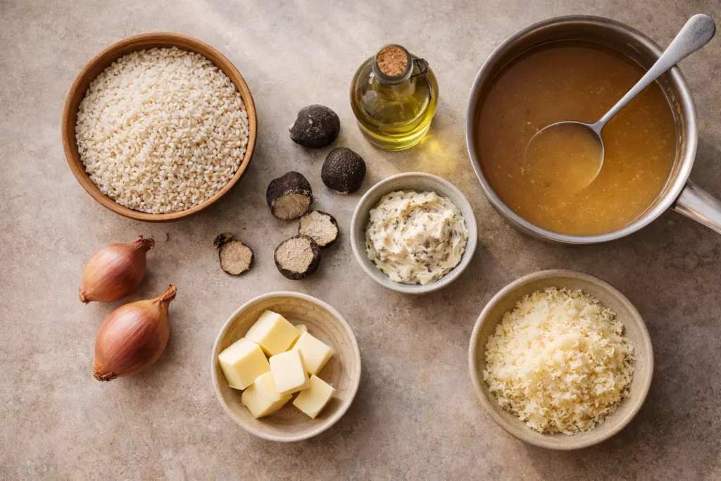 Ingredients for truffle risotto arranged on a kitchen counter