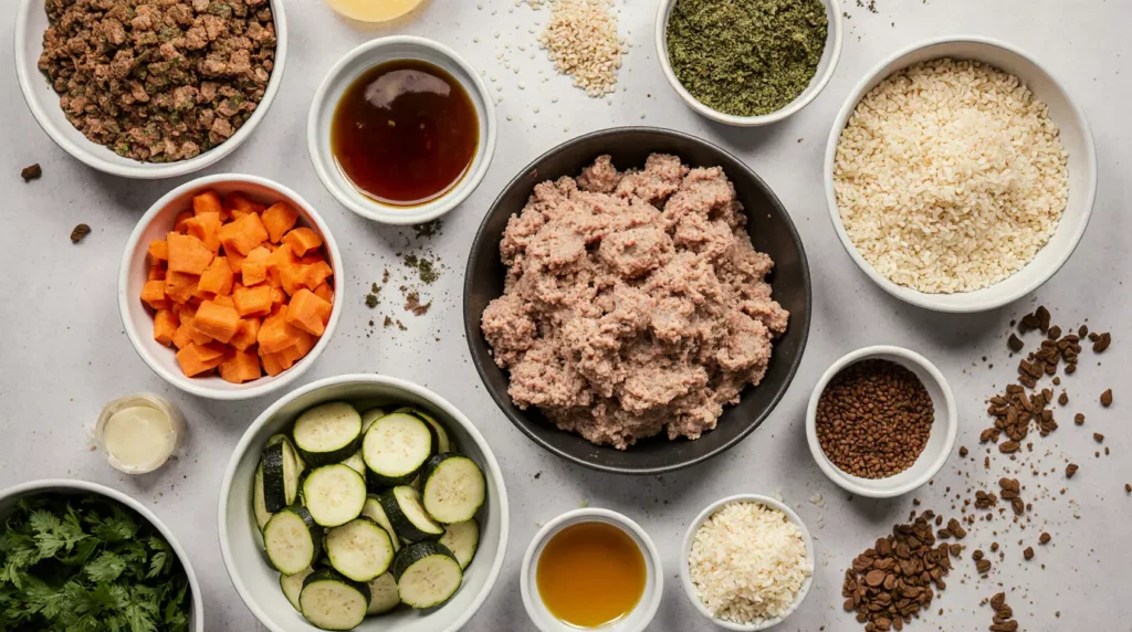 Raw ingredients for thermomix dog food including turkey rice and vegetables