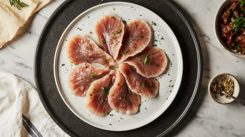 Tuna carpaccio being arranged on a plate before dressing