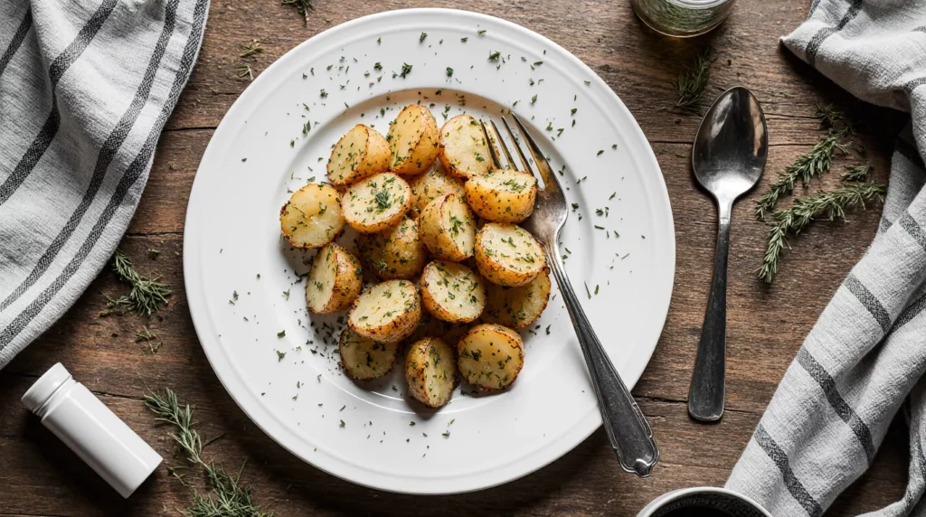 Golden roasted potatoes topped with dill pickle seasoning on a white plate.