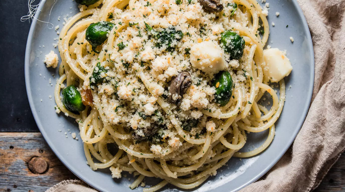Smoked oysters mixed into garlic pasta with herbs and breadcrumbs
