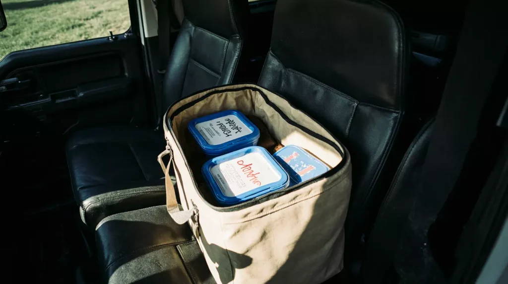 Meal prep containers stored in cooler inside truck cab