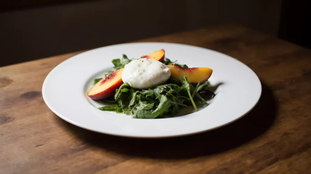 Burrata arugula peach salad served as a light meal on a plate