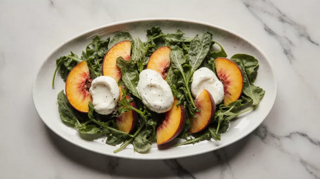 Overhead view of burrata arugula peach salad with spaced ingredients